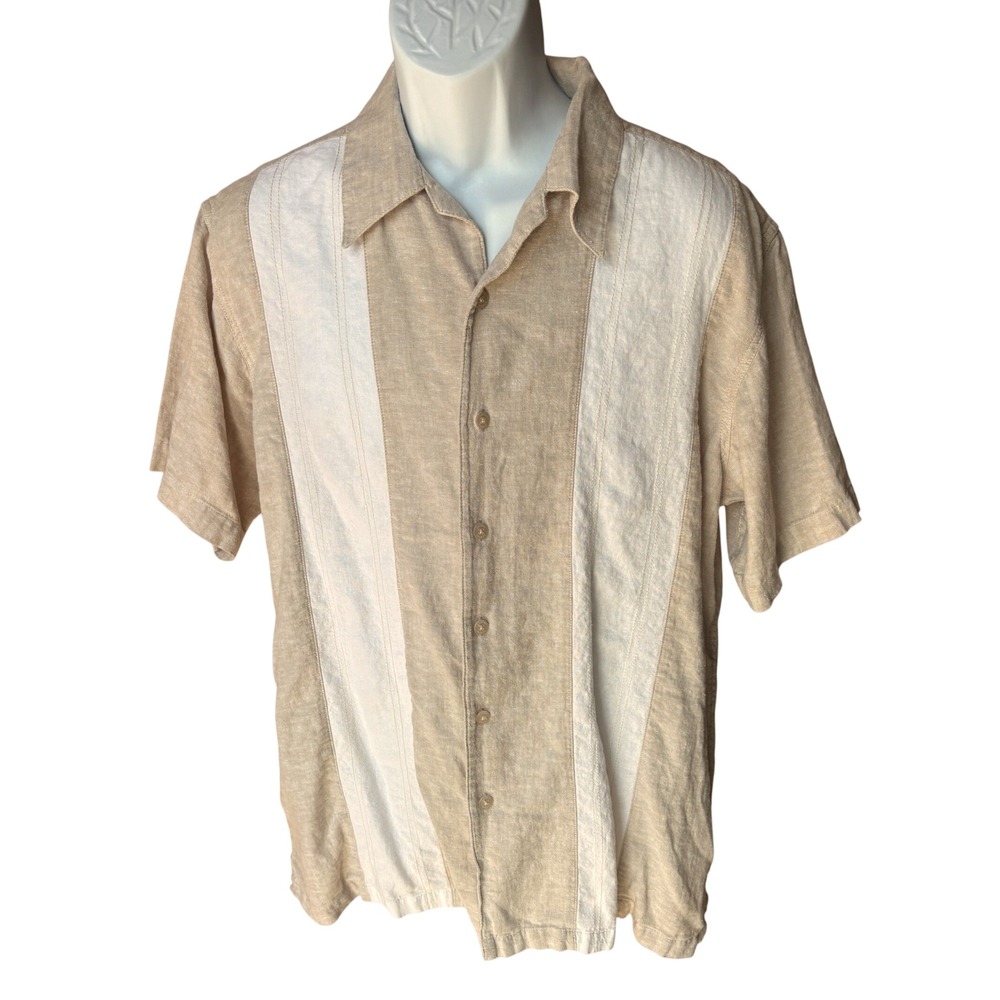 Haggar Tan & Ivory Linen Blend Button-Up Short Sleeve Shirt, XL, Vacation Resort